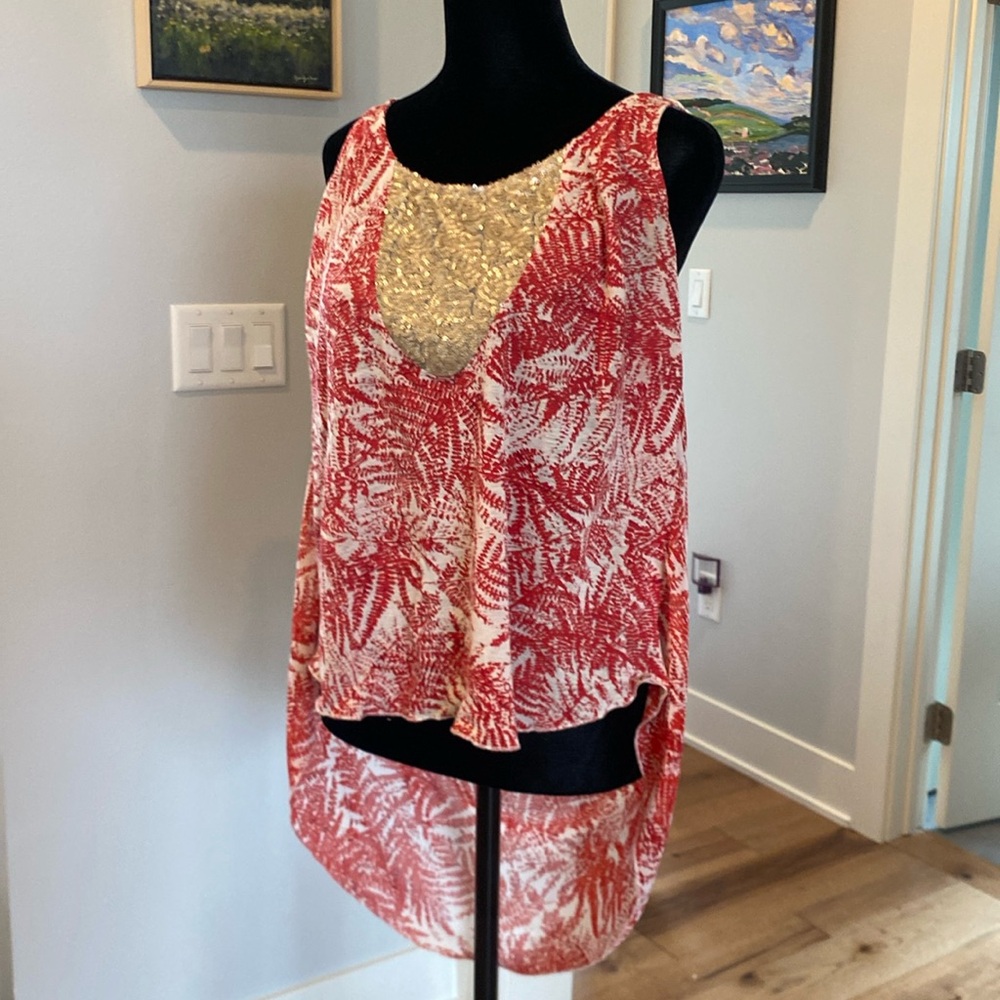 ANTHROPOLOGIE TINY Womens Red Boho Tank Top SZ LARGE Gold Sequins Colorful Boho